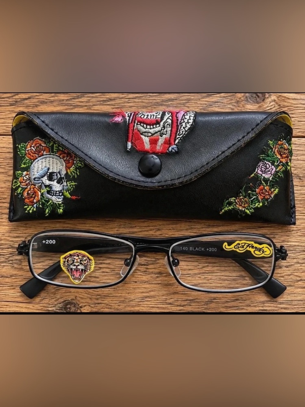 Ed Hardy Black Metal Frame Glasses with Embroidered Skull & Rose Case